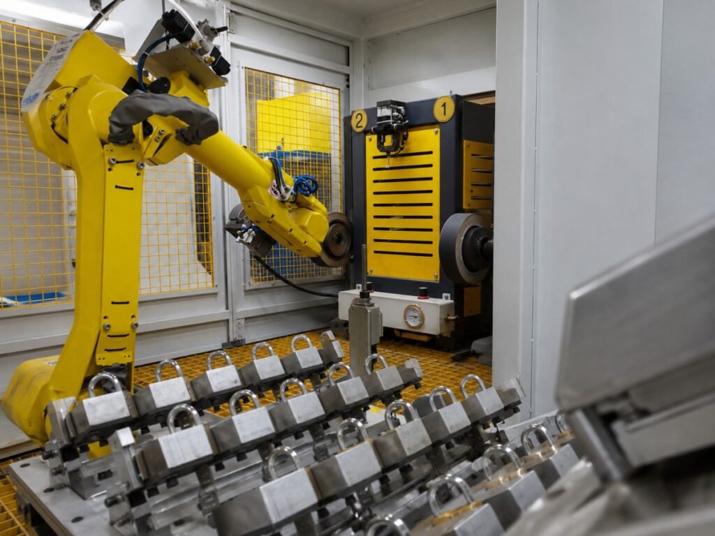 Robot polishing brass lock bodies with custom fixture