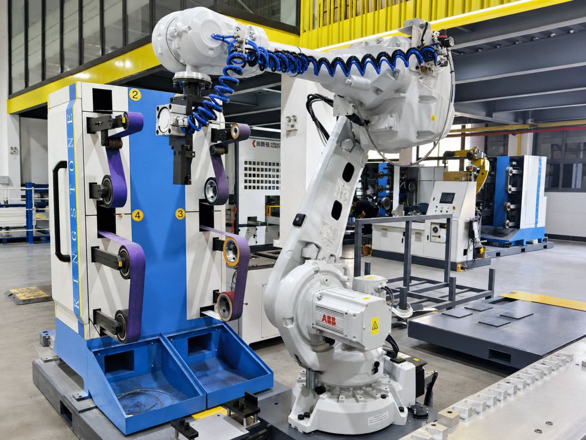 Robotic grinding and polishing station for zinc alloy faucet parts