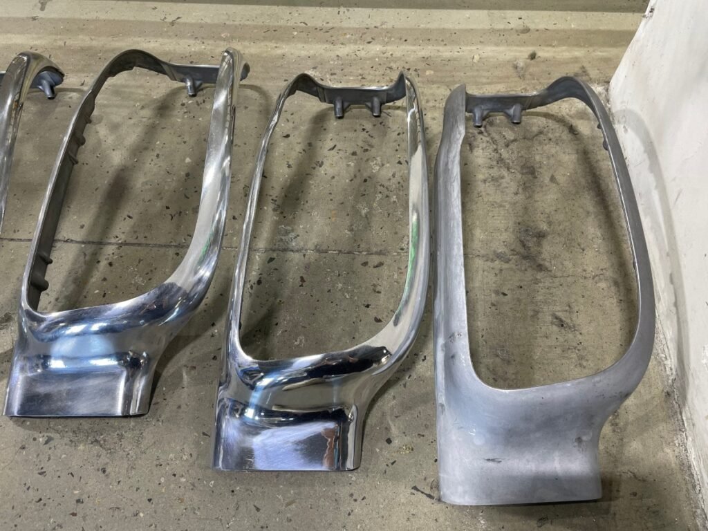 Before and after polishing of aluminum automotive tail light brackets