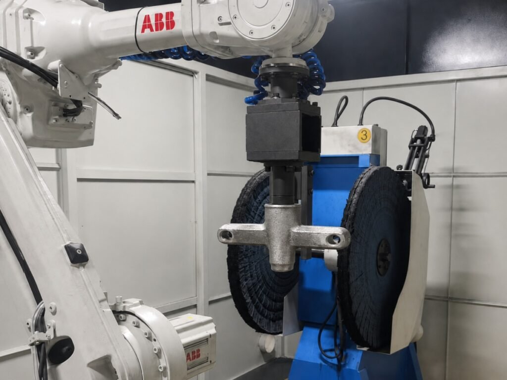 Robot internally gripping a zinc alloy faucet body for polishing