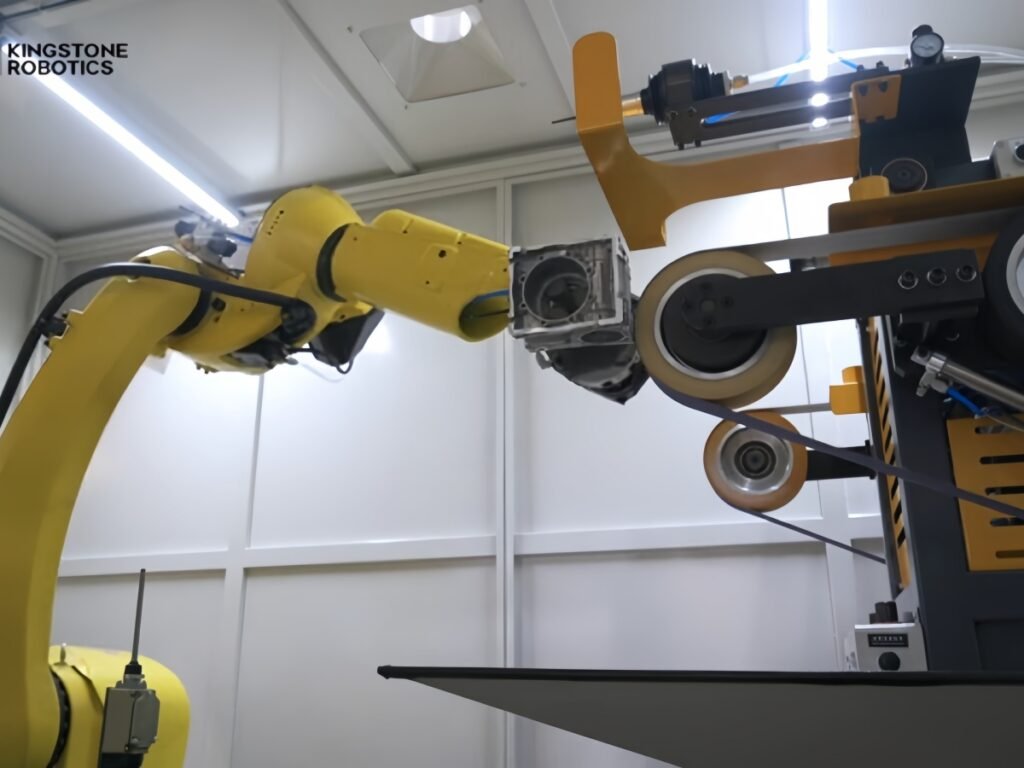 Robot holding a cast metal part against a belt grinding machine