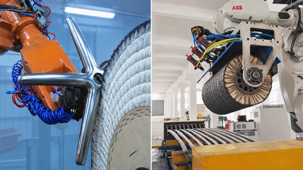 Robot-held part and robot-held tool configurations for robotic polishing