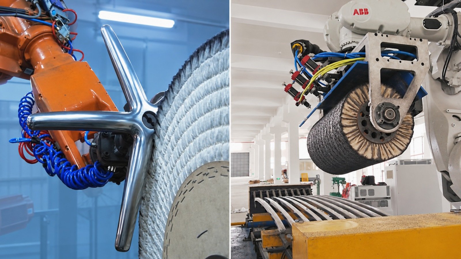 Robot-held part and robot-held tool configurations for robotic polishing