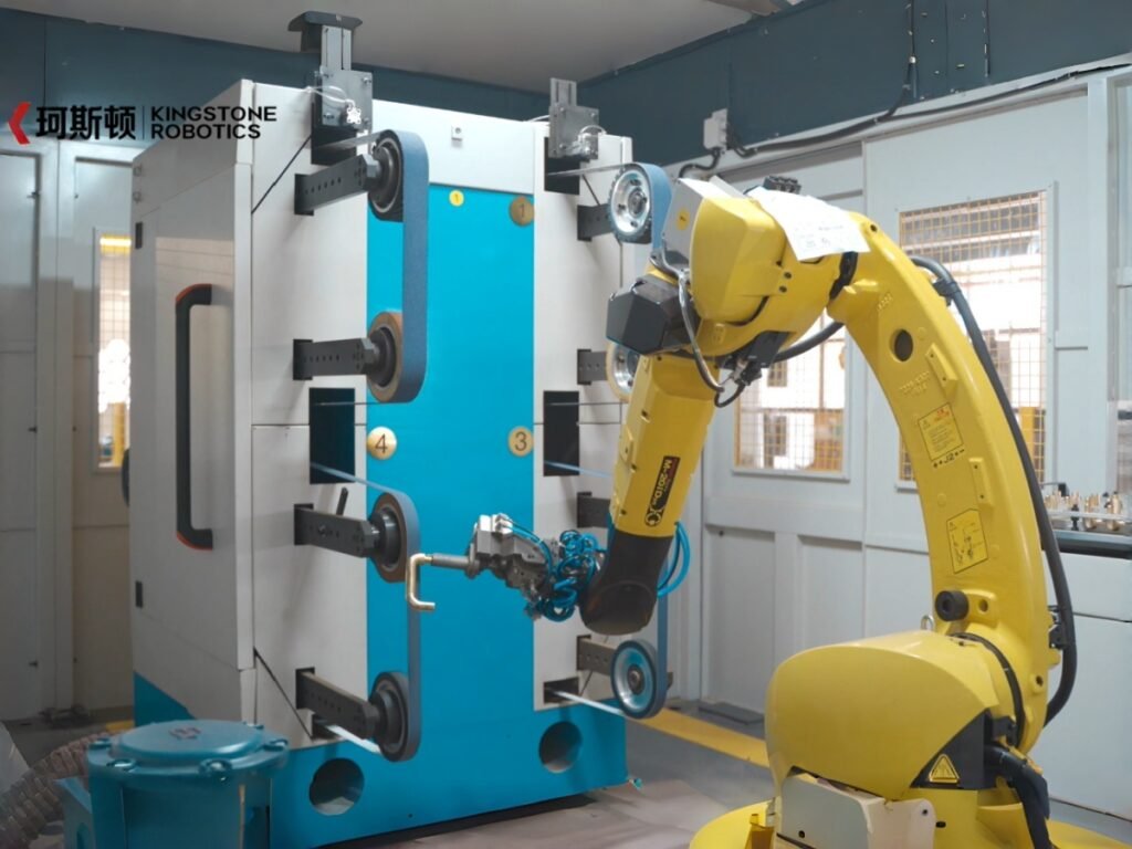 Robot gripping a metal workpiece against a stationary polishing station