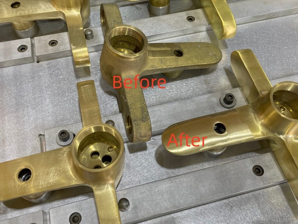 Unfinished and polished metal components compared side by side