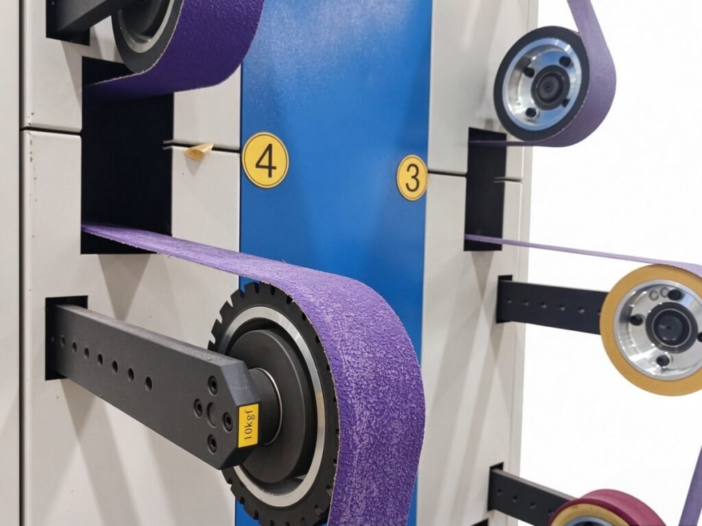 Abrasive belt stations used for robotic metal grinding and finishing