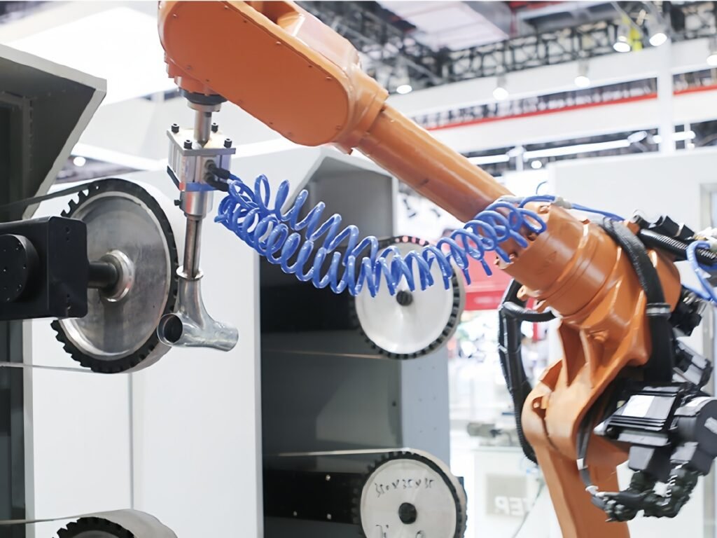 Robot holding a metal workpiece against an abrasive belt