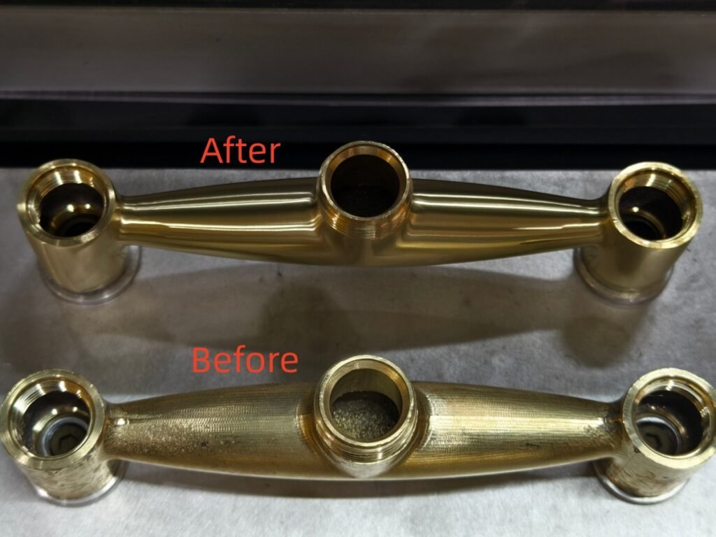 Metal part before and after robotic grinding and polishing